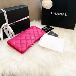 Authentic Chanel Pink Quilted Lambskin Yen Wallet